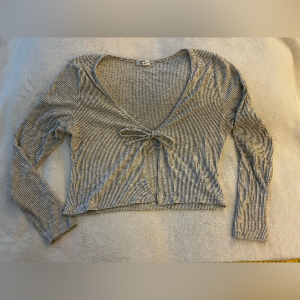 Ardene Grey Ribbed Tie Front Crop Top — Long Sleeve